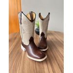 BOTA TEXANA EM COURO OFF WHITE E MARROM BORDADO LINHAS SOLADO BRANCO