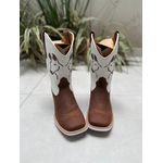 BOTA TEXANA EM COURO MARROM E BRANCO BORDADO MULAS E LINHAS