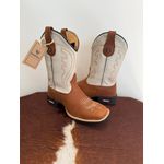 BOTA TEXANA EM COURO OFF WHITE E MARROM BORDADO BEGE SOLADO PRETO