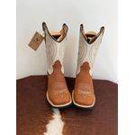 BOTA TEXANA EM COURO OFF WHITE E MARROM BORDADO BEGE SOLADO PRETO