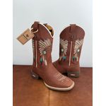 BOTA TEXANA EM COURO MARROM BORDADO INDIO CANO PEAO