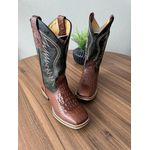 BOTA TEXANA EM COURO ESTILIZADO COBRA MARROM E CANO COURO VERDE BORDADA SOLADO DE MADEIRA