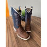 BOTA TEXANA EM COURO AZUL E MARROM BORDADO TOURO SOLADO BRANCO 
