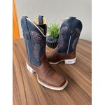 BOTA TEXANA EM COURO AZUL E MARROM BORDADO TOURO SOLADO BRANCO 