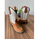 BOTA TEXANA EM COURO HORSE HAVANA E CANO OFF WHITE BORDADO BÁSICO BEGE BICO REDONDO