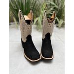 BOTA TEXANA EM COURO PRETO E OFF WHITE BORDADA