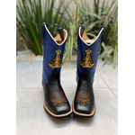 BOTA TEXANA EM COURO AZUL E PRETO BORDADO NOSSA SENHORA