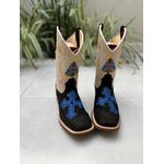 BOTA TEXANA EM COURO PRETO E OFF WHITE BORDADO NOSSA SENHORA + CRUZ SOLADO MARROM