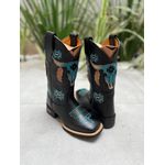 BOTA TEXANA EM COURO PRETO BORDADO TOURO AZUL 