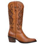 Bota Feminina Texana Bico Fino Cor Castor Em Couro Nobre Bordado Café
