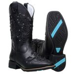 Bota Feminina Country Cano Médio Em Couro Legitimo Preto Lazer Vazado E Spike