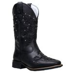 Bota Feminina Country Cano Médio Em Couro Legitimo Preto Lazer Vazado E Spike