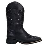 Bota Feminina Country Cano Médio Em Couro Legitimo Preto Lazer Vazado E Spike