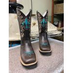 Bota Texana em Couro Tribal Floral Café e Azul