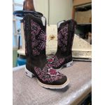 Bota Texana em Couro Floral Café e Rosa