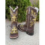 Bota Texana em Couro Tribal Crucifixo Marrom e Amarelo