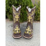 Bota Texana em Couro Tribal Crucifixo Marrom e Amarelo