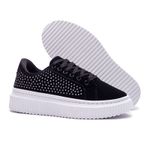 Tênis Feminino Flat Form Casual Confortável Strass Cadarço BX66 PRETO