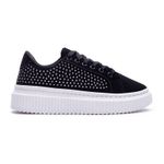 Tênis Feminino Flat Form Casual Confortável Strass Cadarço BX66 PRETO