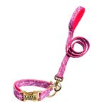 Coleira Camuflado Rosa com guia fecho de engate rápido 