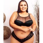 Conjunto Plus Size Tule Preto Bolinha e Caleçon Renda