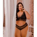 Conjunto Premium Plus Size Cropped de Renda Madonna Preto e Caleçon