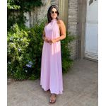 Vestido Midi Frente Única Gola Alta Rosa Bebê