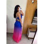 Vestido Longo Plissado Degradê Amarração Nas Costas Azul e Rosa