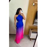 Vestido Longo Plissado Degradê Amarração Nas Costas Azul e Rosa