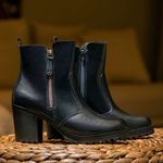 Bota Feminina Em Couro Legitimo Coturno Robusto Cano Curto Dois Zíperes - Preto