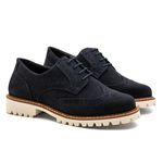 Sapato Mocassim Feminino Oxford Cora Em Couro Legítimo Camurça Marinho