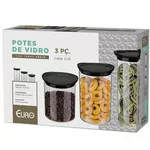 POTES VIDRO SLIM COM TAMPA PALSTICA PRETO C/3 PCS 