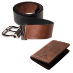 Kit Cinto Cartagena Fivela Aço Escovado + Carteira Ábacus Marrom Rústico