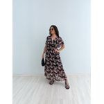 VESTIDO FLORES LONGO LASTEX PRETO