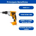 INGCO PARAFUSADEIRA PARA DRYWALL 1/4POL BATERIA (NÃO ACOMPANHA) 20V LINHA P20S