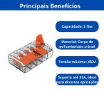 WAGO CONECTOR JUNCAO 221-415 5 FIOS 0,5-4MM (32A) CRISTAL