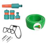 Kit 30m mangueira jardim siliconada verde mais conjunto de esguicho e suporte de parede com parafuso e bucha