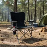 Cadeira Dobrável Em Aço Preta Camping, Pesca Porta Copos Com Bolsa 