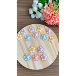 APLIQUE RESINA FLOR 3D 3CM 10 UN C/GLITTER TRANSL. CORES SORT.