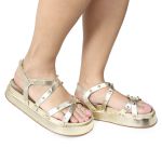 Papete Feminina Sola Alta Tiras Trançadas Dourado