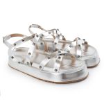 Papete Feminina Sola Alta Tiras Trançadas Prata