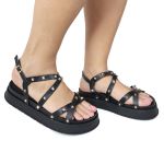 Papete Feminina Sola Alta Tiras Trançadas Preto