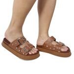 Papete Feminina Fivelas Camila Sola Alta Caramelo