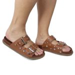 Papete Feminina Fivelas Camila Sola Baixa Caramelo