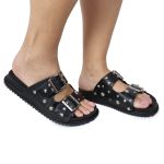 Papete Feminina Fivelas Camila Sola Baixa Preto