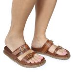 Sandália Papete Feminina Giovana Duas Tiras Sola Baixa Caramelo