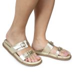 Sandália Papete Feminina Giovana Duas Tiras Sola Baixa Dourado