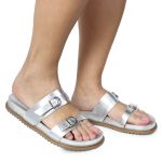 Sandália Papete Feminina Giovana Duas Tiras Sola Baixa Prata