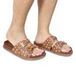 Sandália Papete Feminina Beatriz Sola Baixa Duas Tiras Caramelo