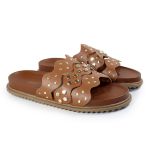 Sandália Papete Feminina Serena Sola Baixa Tiras de Onda Caramelo